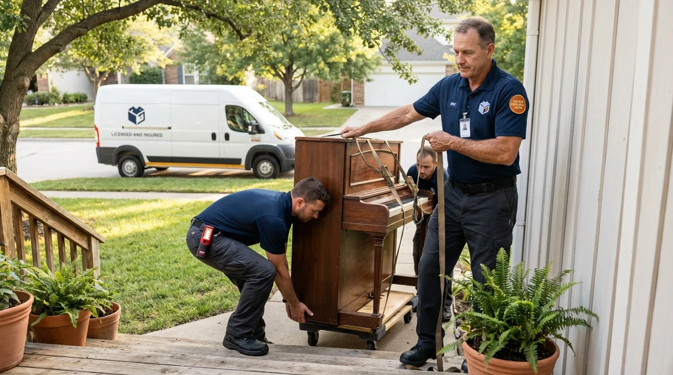Licensed piano movers securing grand piano in Brooklyn, NY