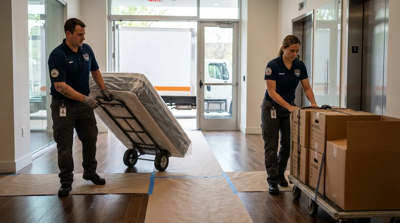 Professional apartment movers loading elevator in Brooklyn, NY