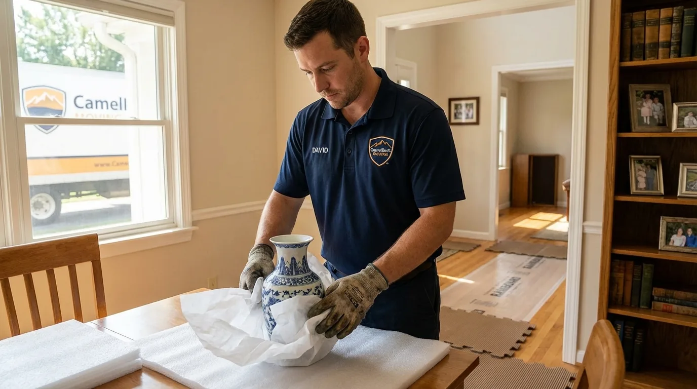 Professional crew carefully wrapping antique vase for senior downsizing move in Brooklyn, NY